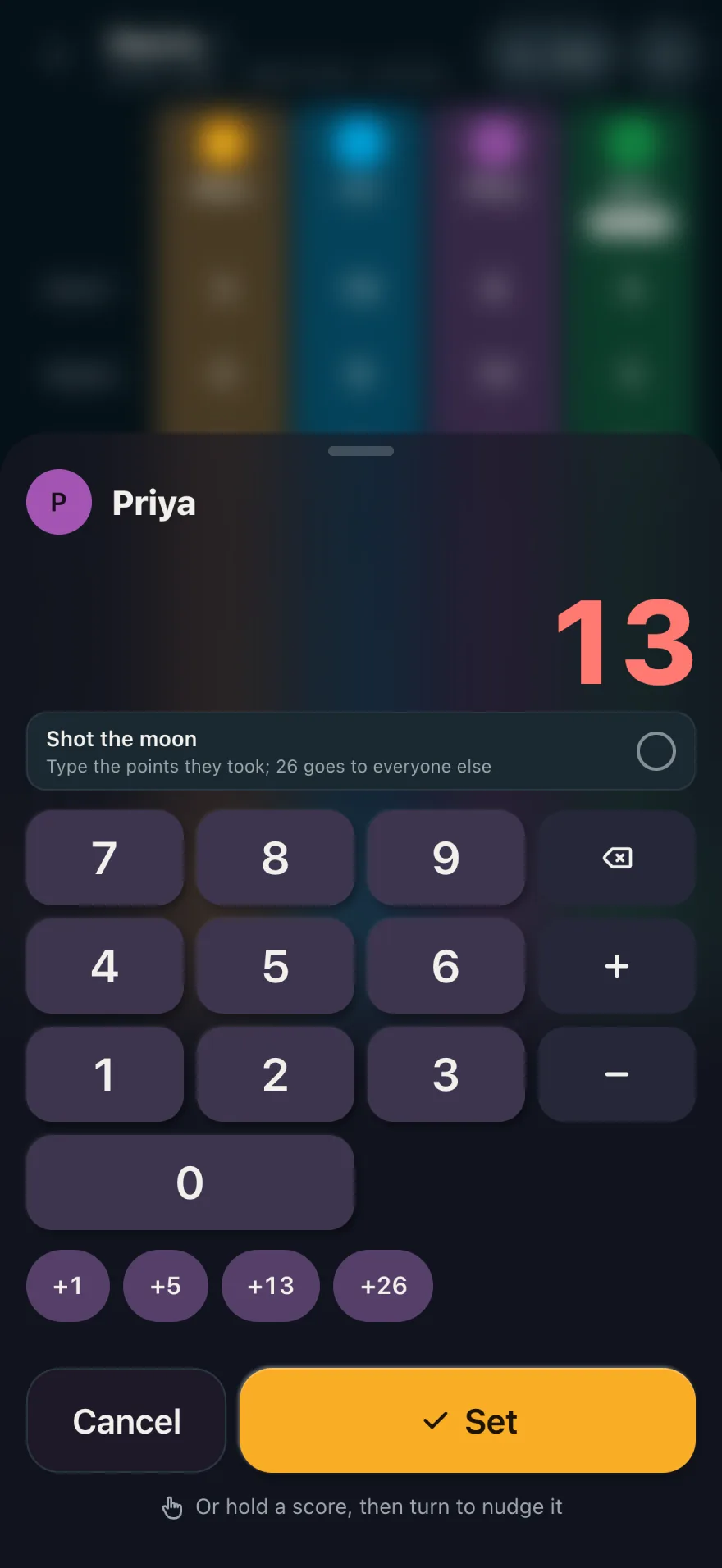 The keypad entering 13 points for Priya in Hearts