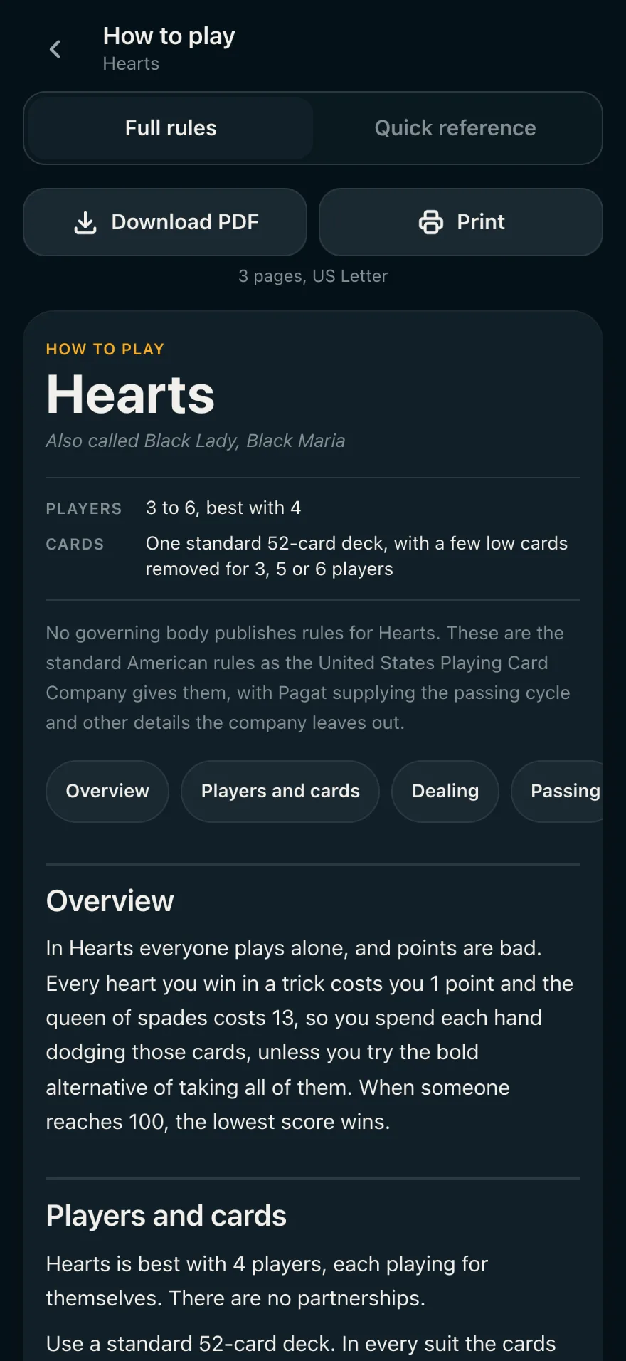 How to play Hearts, in the app
